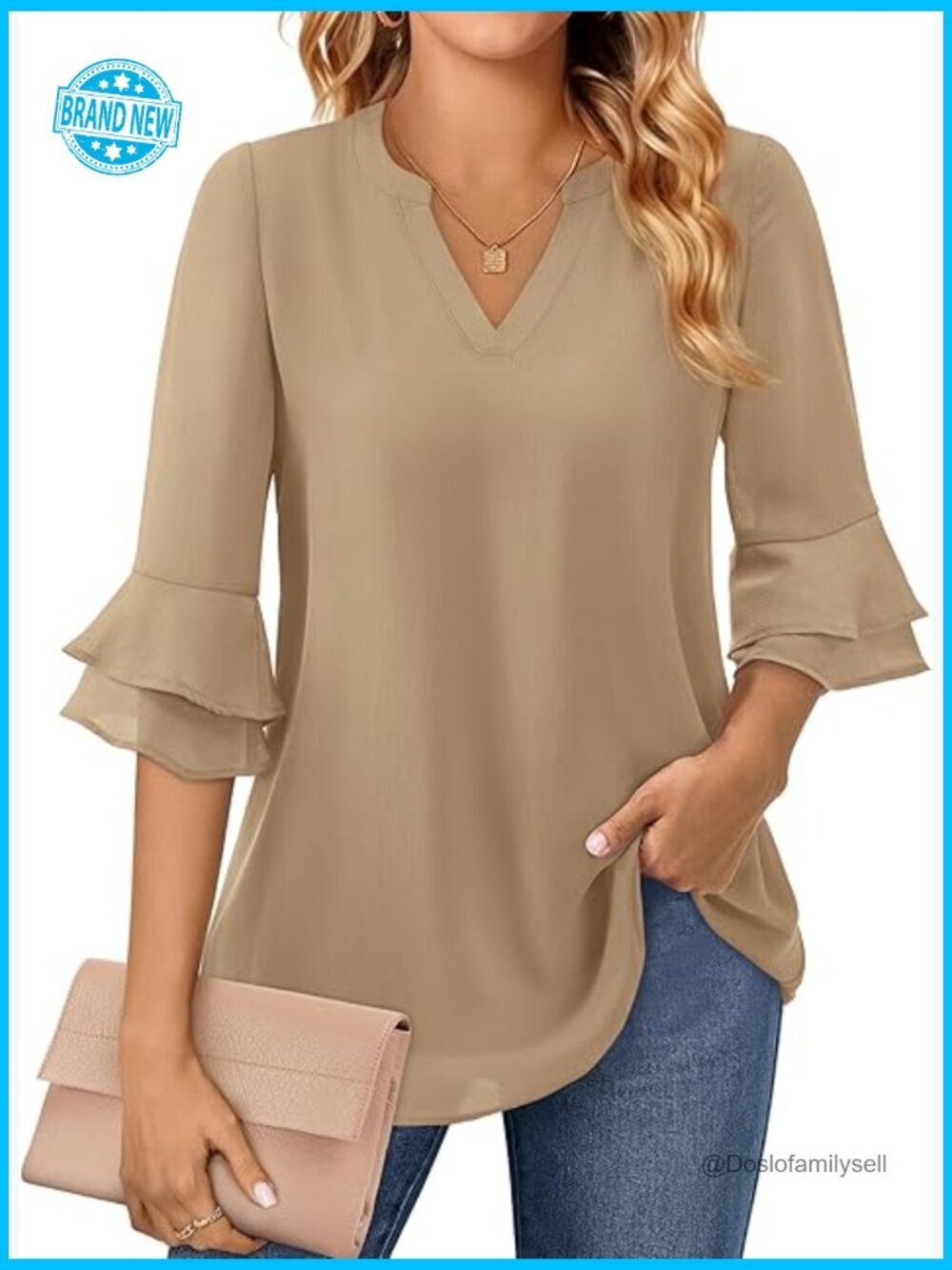 Tunic Blouse 3/4 Sleeve Double Layer Lightweight Office Professional
